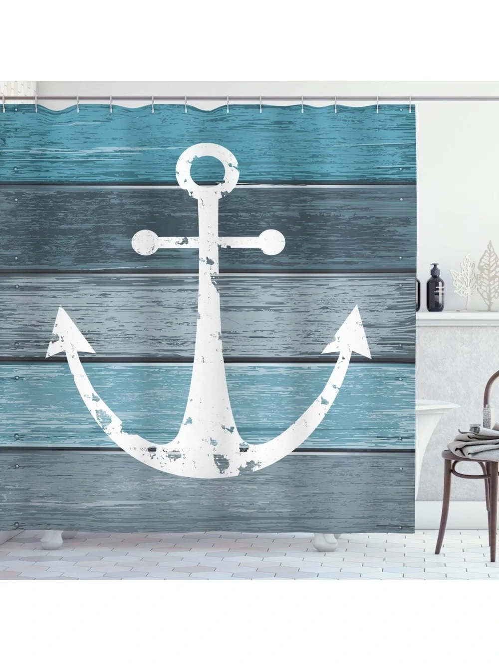 Ambesonne Teal Blue and White Anchor Shower Curtain 31